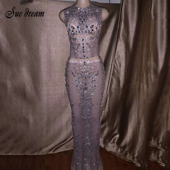 

2020 Fashion Sexy Sparkling Diamond Top & Skirt O-Neck Split Party Women Singer Nightclub Dance Costume 2 Piece Two Piece Set