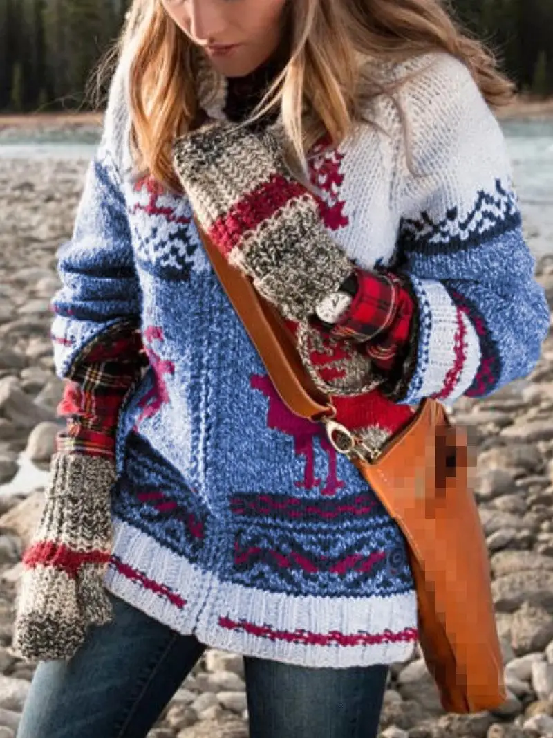 ^*Best Offers Women Winter Casual Christmas Deer Print Print Cardigans Thick Warm Knit Sweater Coat Loose Open Stitch Knitting Coat