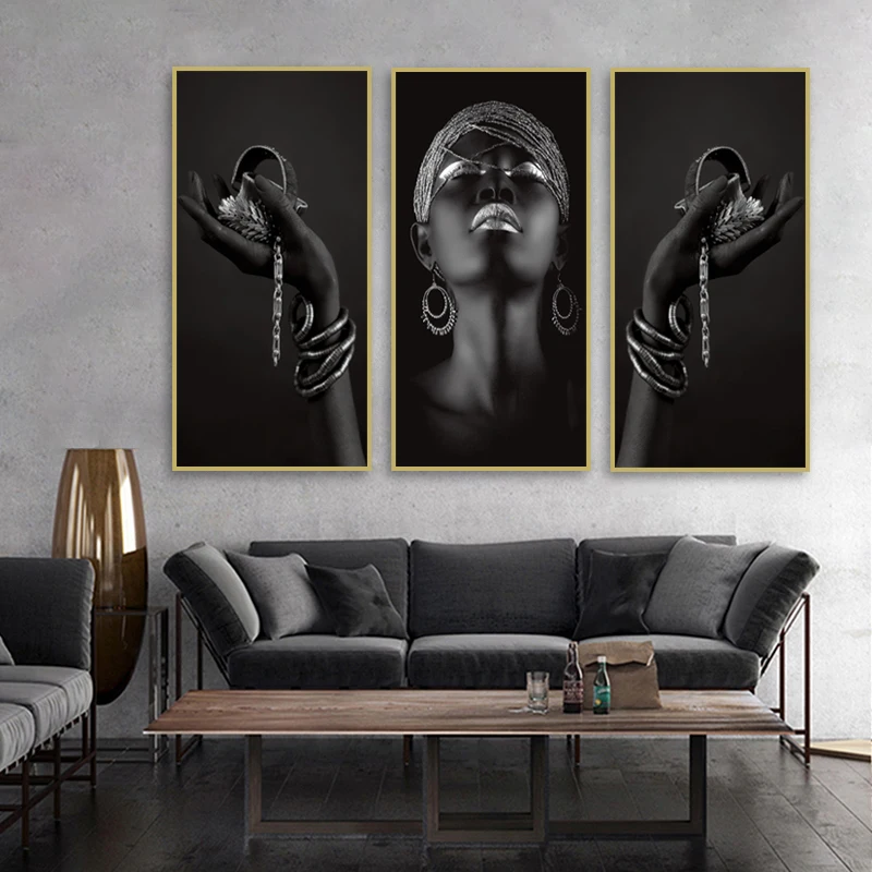 African Woman Posters and Prints Wall Art Black Hands Holding Silver Jewelry Canvas Painting Wall Pictures For Living Room Decor