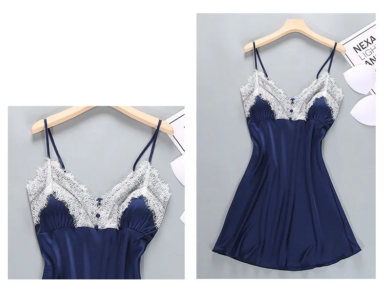 Queenral 2PCS Sexy Women's Robe Gown Sets Night Woman Nightgown Summer Nightdress Lace Satin Sleepwear Pajamas With Chest Pad   56