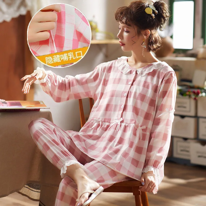 

Pregnant Women Pajamas Spring And Autumn Princess Style Confinement Clothing Nursing Plaid Maternal Summer Thin Section Postpart