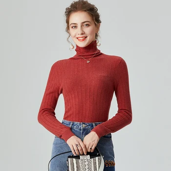 

100% Sheep Wool Women's Sweaters Turtle Neck Long Sleeves Striped Knitted Fashion Blouse Casual Autumn Tops