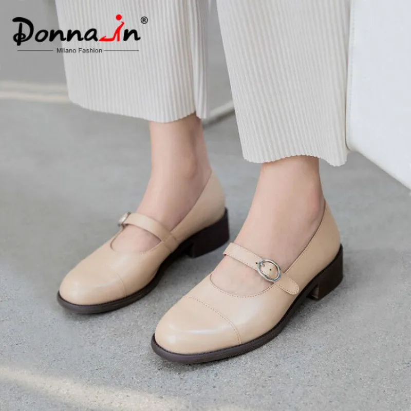 

Donna-in Casual Soft Cow Leather Shoes Women Pumps 2019 Autumn Block Med Heels Buckle Korean Sweet Style Mary Jane Shoes ladies