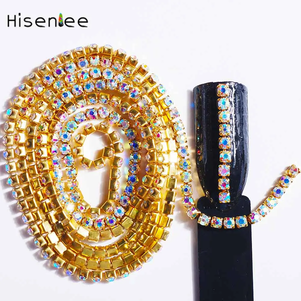 Gold Bottom AB 60 см/шт., 2,0 мм, кристаллы, стразы, цепочка, золото/серебро, основа, плотные Стразы для ногтей, украшения, аксессуары - Цвет: Gold Bottom AB