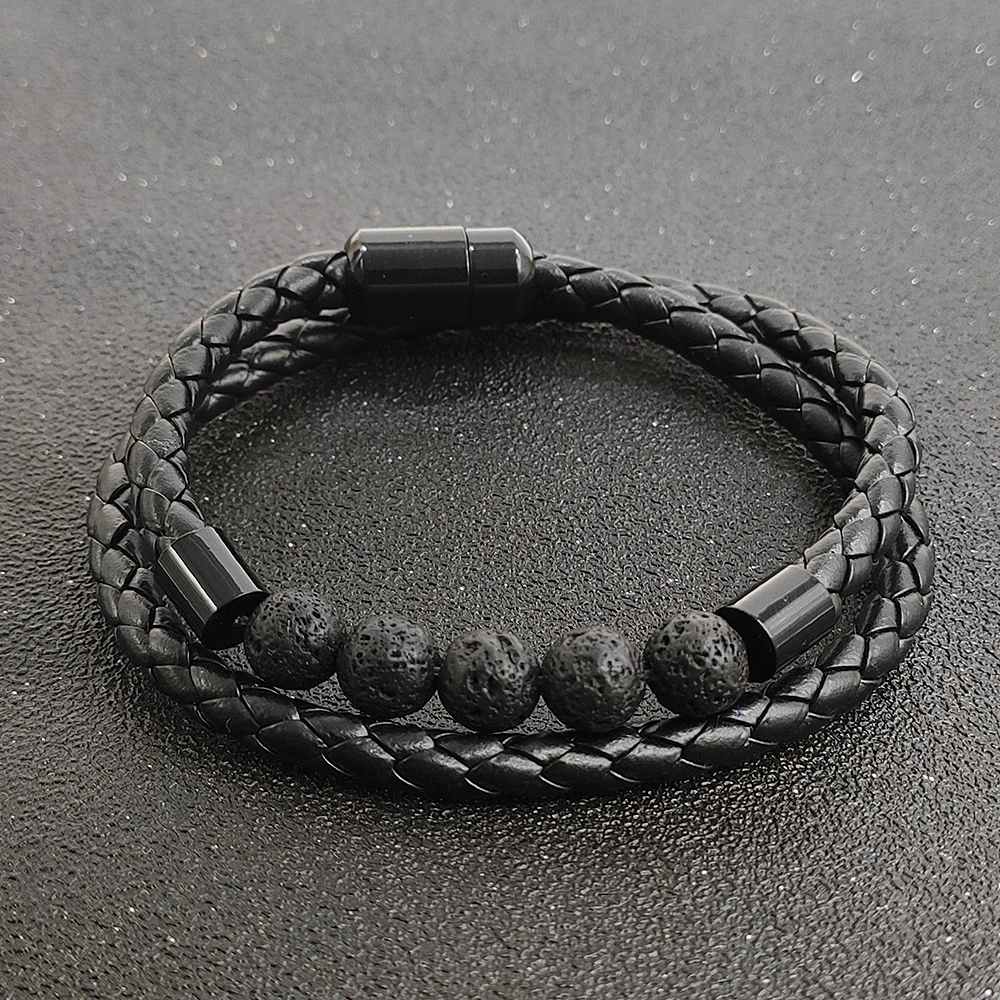 Hiphop Leather Bracelet for Men Women 8mm Natural Stone Beads Wrap Stainless Steel Megnetic Clasp Jewelry Gift dropship | Украшения и