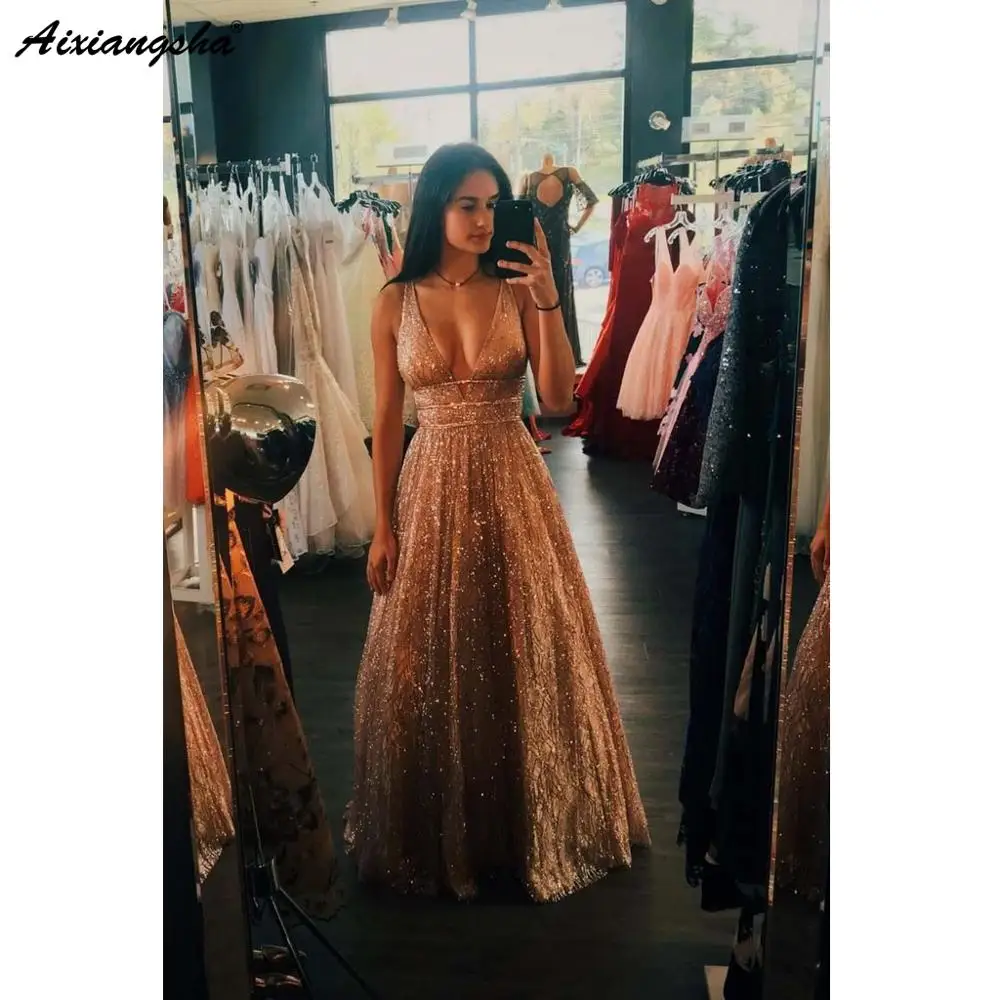 Сверкающие вечерние платья для выпускного вечера vestidos de graduacion ТРАПЕЦИЕВИДНОЕ ПЛАТЬЕ С v-образным вырезом и открытой спиной с блестками Золотое сексуальное длинное платье для выпускного вечера
