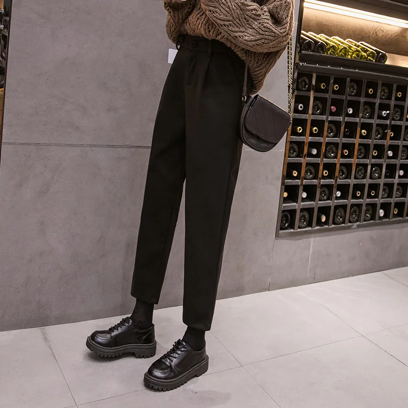 REALEFT Winter Warm OL Style Woolen Harem Pants High Waist Casual Pants Women Female Work Pants Vintage Trousers Pocket New