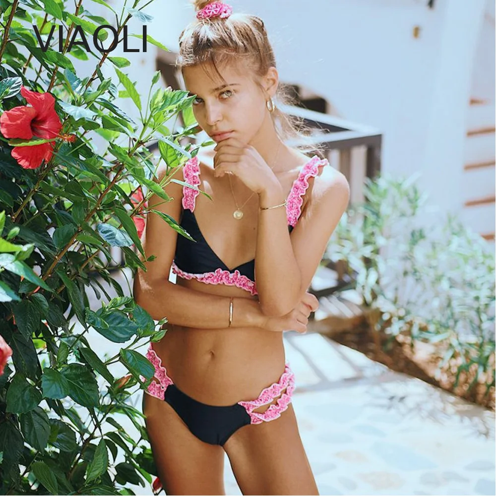 

New mujer Women Ruffle Bandage Bikini Set Push-Up Brazilian Black Swimwear Beachwear Swimsuit Women Dropping maillot de bain