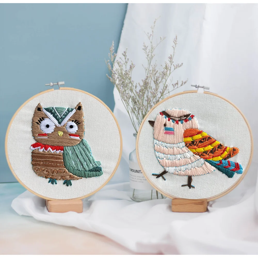 Cute Animal Embroidery Kit DIY Needlework Bamboo Hoop Material Handmade Sewing Cross Stitch Art Crafs for Child Gift Home Decor