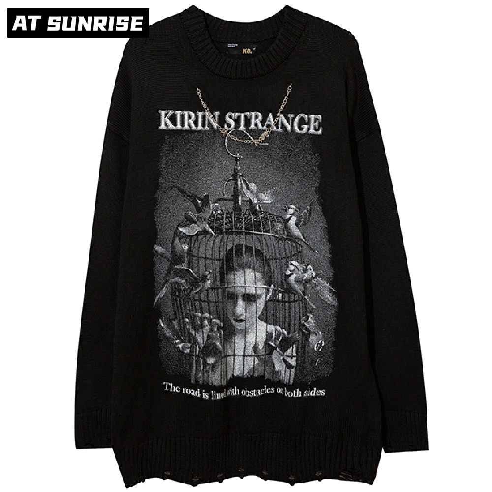 

Men HipHop Streetwear Harajuku Hole Sweater 2021 birdcage Graphic print necklace Sweater Knitted Sweater winter Cotton Pullover