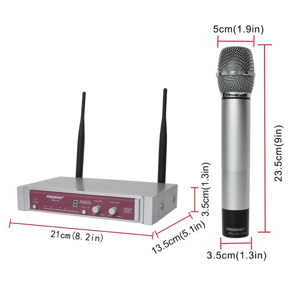 Freeboss FB-U10-S UHF беспроводной микрофон Система двойной беспроводной ручной микрофон 2 канала в серебристом цвете
