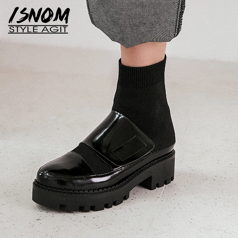 ISNOM Botines de Cuero de vaca para mujer, calcetín de tejer, botines de  plataforma elástica, zapatos de tacón grueso a la moda, 2020|Botas hasta el  tobillo| - AliExpress