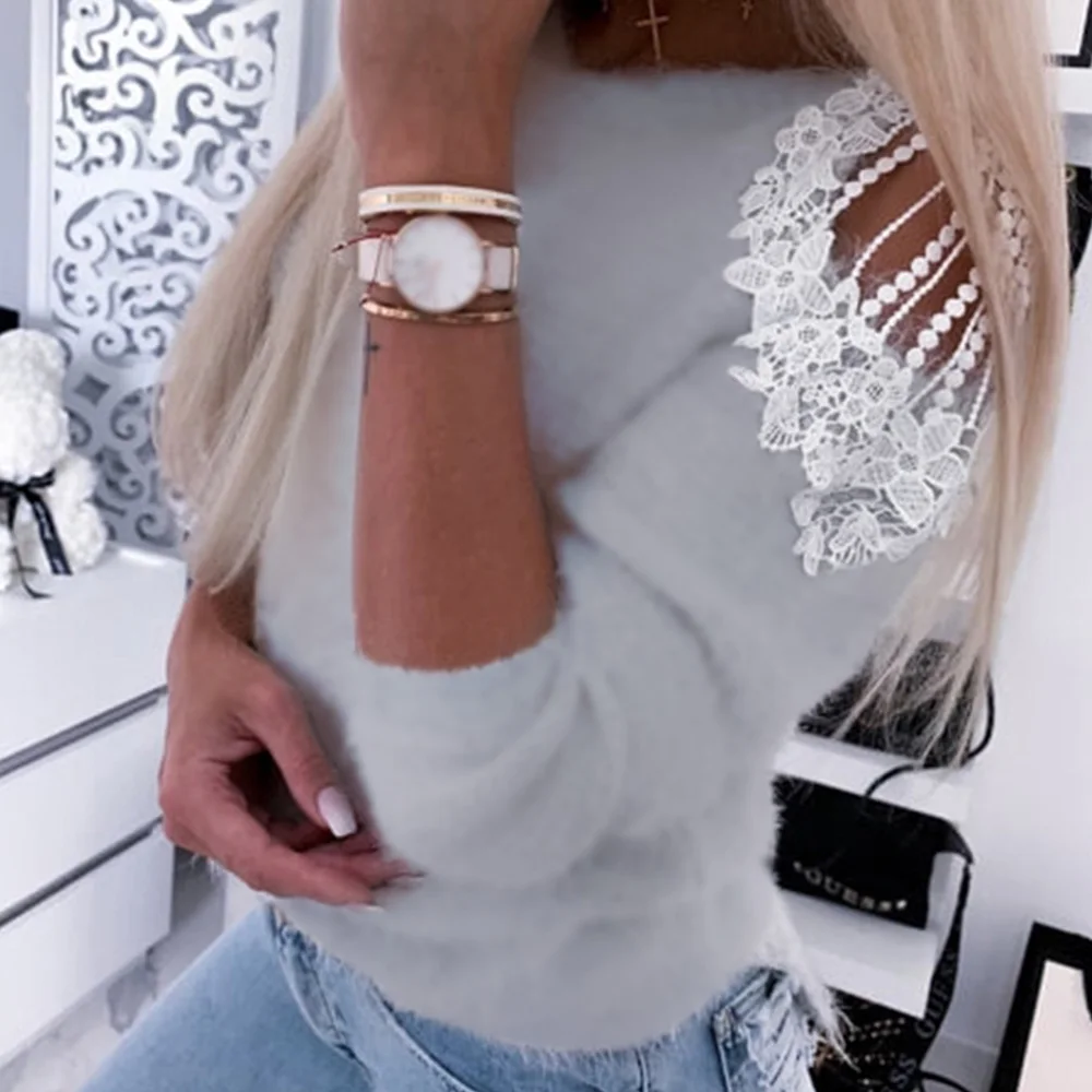 Autumn Winter Women Pullover Sweater Casual Off Shoulder O Neck Beading Knitted Tops Ladies Solid Fluffy Soft Sweater Sueter D30