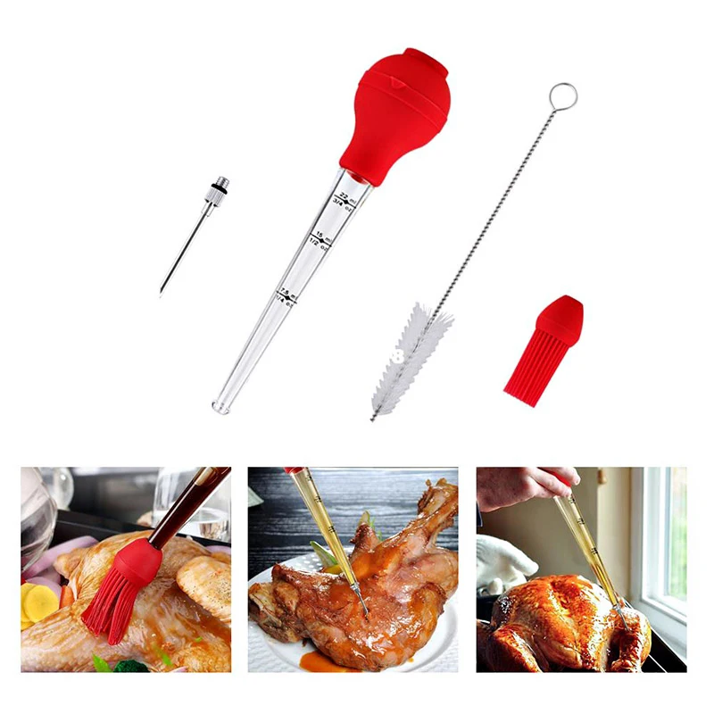 Нержавеющая сталь индейка Baster силиконовая лампа в том числе маринада мясо инжектор иглы с барбекю Basting щетка для очистки