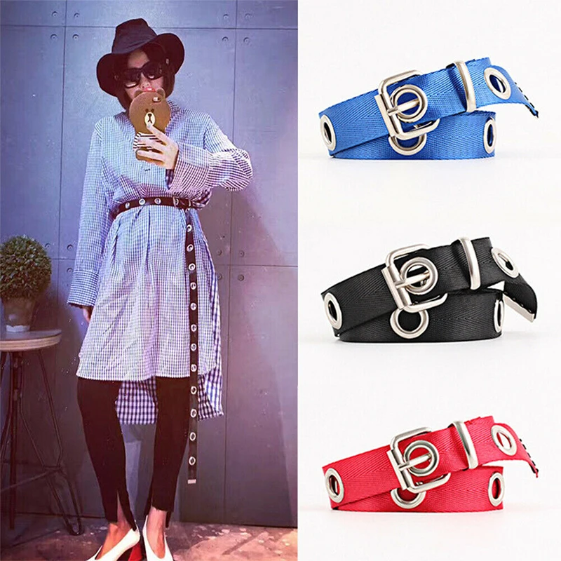 

Casuak Hip Hop Canvas Belt Female Adjustab Learge Hole Buckle Big Eyelet Black Durable Long Waist Belts For Dress Jeans Pants