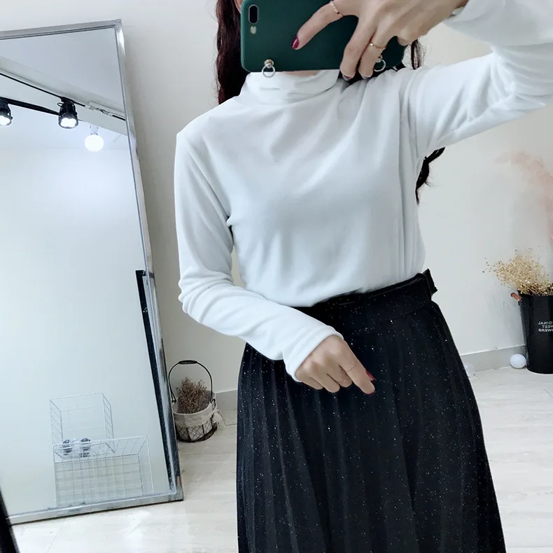 Velvet футболка женская high elasticity одежда для женщин high collar футболка thick solid color футболки long sleeve женские футболки hood inside the футболки женские
