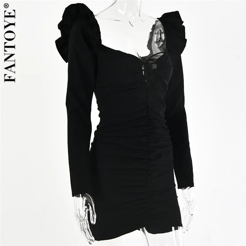FANTOYE черные элегантные Винтаж вечерние платье Для женщин, с рюшами, на осень, с длинным рукавом облегающее платье с v-образным вырезом, Завязывающиеся платья облегающие платья, Vestido