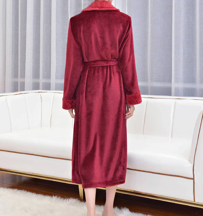 Burgundy - M Фиолетовое плотное теплое женское Коралловое кимоно из рунной шерсти, халат для влюбленных, парная ночная рубашка, женское банное платье, одежда для сна, Мужская большая Ночная M-XXL - Цвет: Burgundy - M