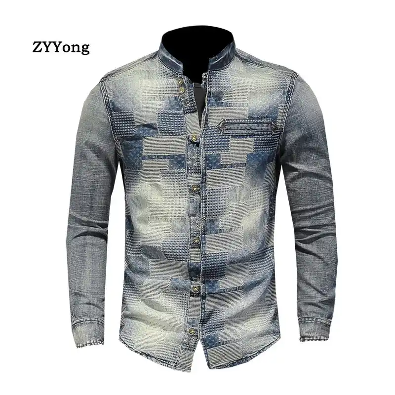 denim stand collar shirt