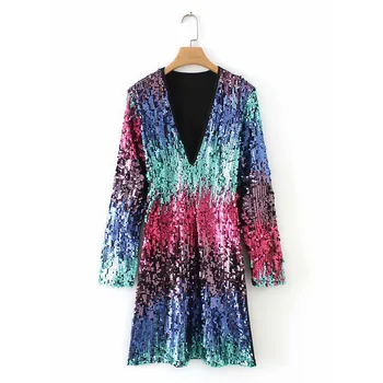 

Women Deep V Neck Long Sleeve Shimmer Sequin Mini Dress Party Club Cocktail Prom vestido de abiti donna#sw