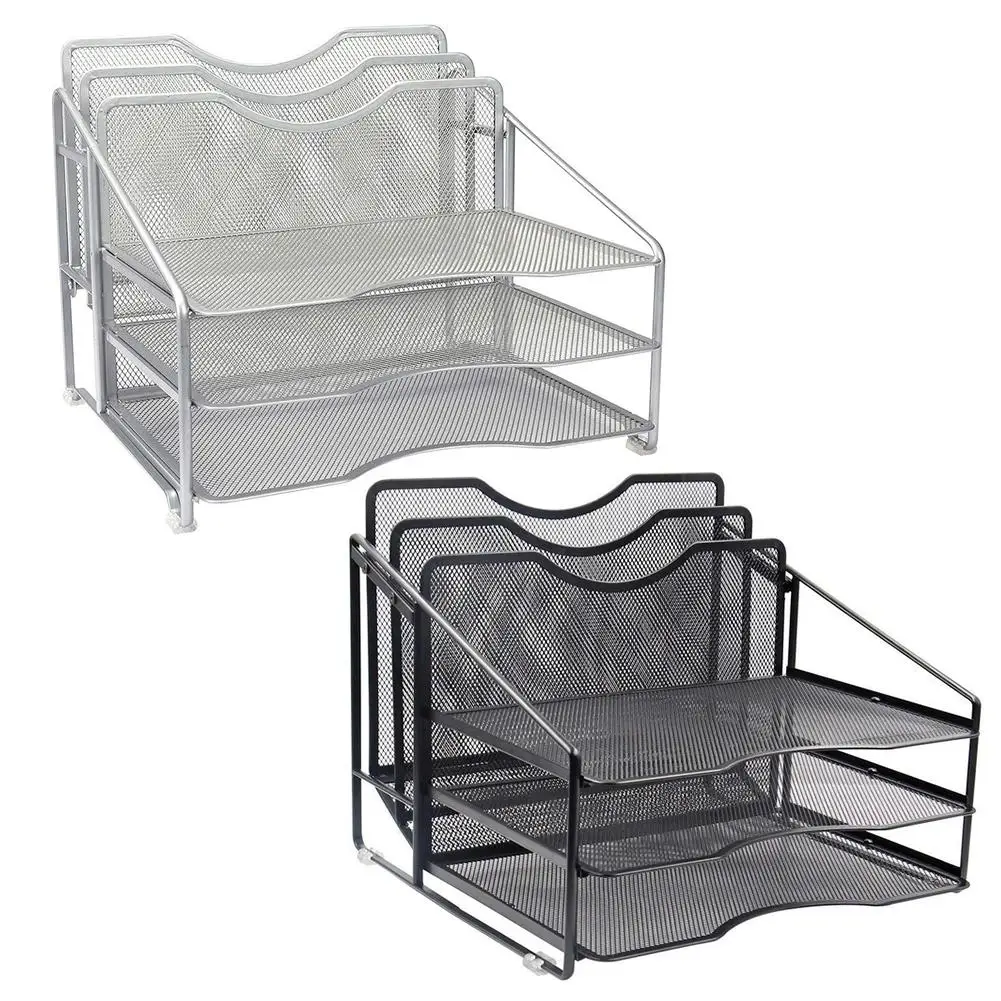 

Mesh Desk Organizer File Folder Rack With 3 Paper Trays And 2 Vertical Upright Section, Desktop Document Letter Tray For Folders