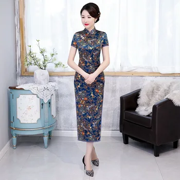 

Print Flower Mandarin Collar Qipao Elegant Silk Cheongsam For Women Chinese Style Evening Party Dress Sexy Long Vestidos