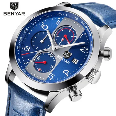 

Benyar Jacobin By-5133m MEN'S Quartz Watch Leather Watch Strap Three Small Disc Hands Business Watch