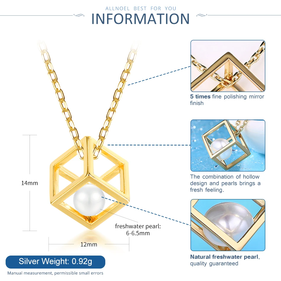 ALLNOEL 925 Sterling Silver Fleshwater Pearl Drop Earrings Pendant Necklace Fine Jewelry Set 9K Gold Hollow Cubic Charm