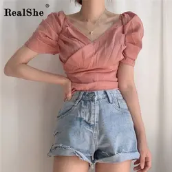RealShe Мода 2019 женская рубашка женская v-образный вырез с коротким рукавом и оборками винтажные рубашки в клетку женская летняя повседневная
