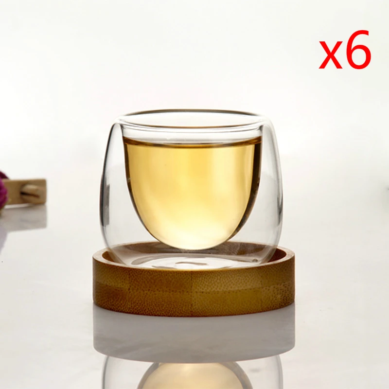 6CupsWithHolder Стеклянные чашки для чая с двойными стенками, бамбуковый держатель, анти горячий, 6 шт., маленькие чашки для эспрессо, кофе, кафе, пуэр, Улун, чашки для чая Tazas Copo - Цвет: 6CupsWithHolder
