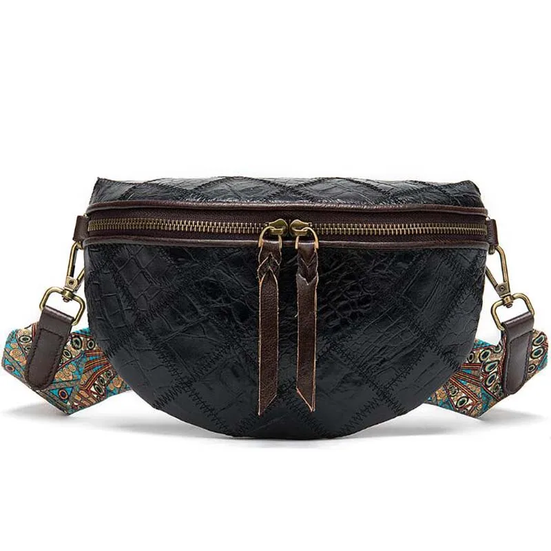 Винтажная сумка на плечо, Женская народный обычай, кожаная сумка для шоппинга, высокое качество, цветочный широкий ремень, сумка на грудь - Цвет: black