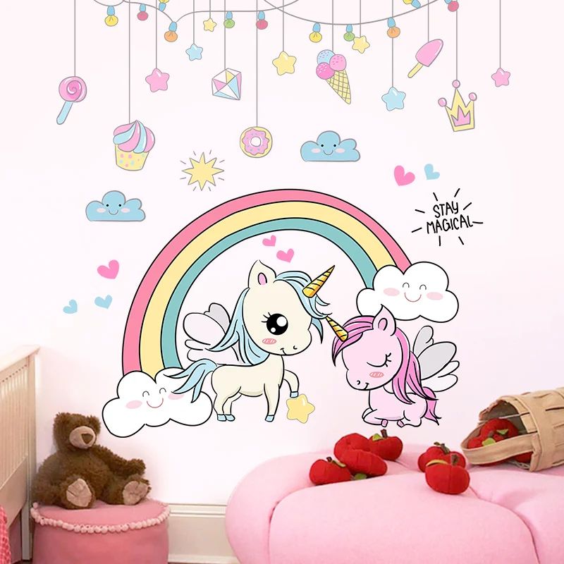 [SHIJUEHEZI] Мультяшные Животные наклейки на стену DIY Радужный Единорог настенные Переводные картинки с лошадью для детской комнаты украшение для детской спальни