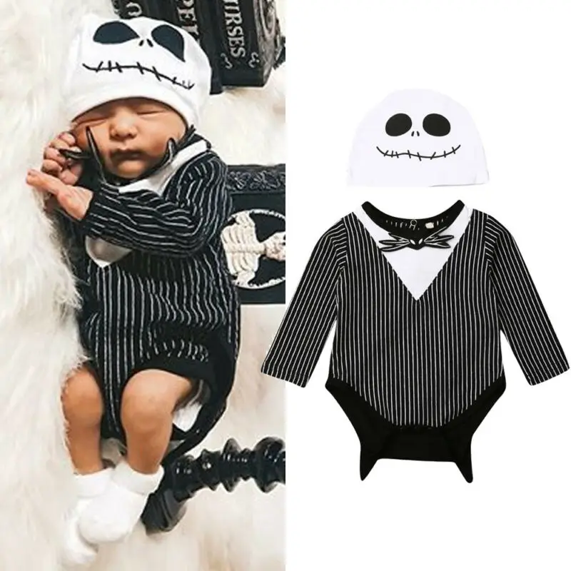 0-18M Infant Newborn Baby Boy Girl Halloween Costumes Stripe Bat Romper Long Sleeve Jumpsuit +Ghost Hat