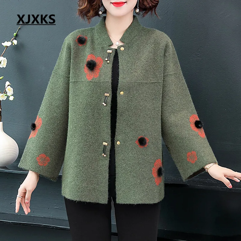 

XJXKS Women cashmere woolen coat 2022 autumn winter new loose plus size fashion printed knitted cardigan women coat