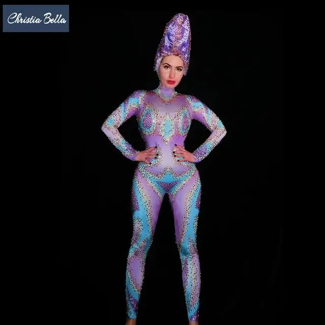 Women Jumpsuits Halloween Party Cosplay Costumes Personality Rhinestones Skinny Bodysuit Jazz Singer Rompers Stage Wear - Цвет: as photo