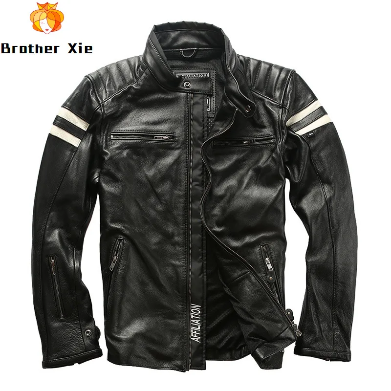 

Men's Genuine Leather Motorcycle Biker Jacket Striped Pleated Black Real Cowhide Leather Jacket for Male R3076