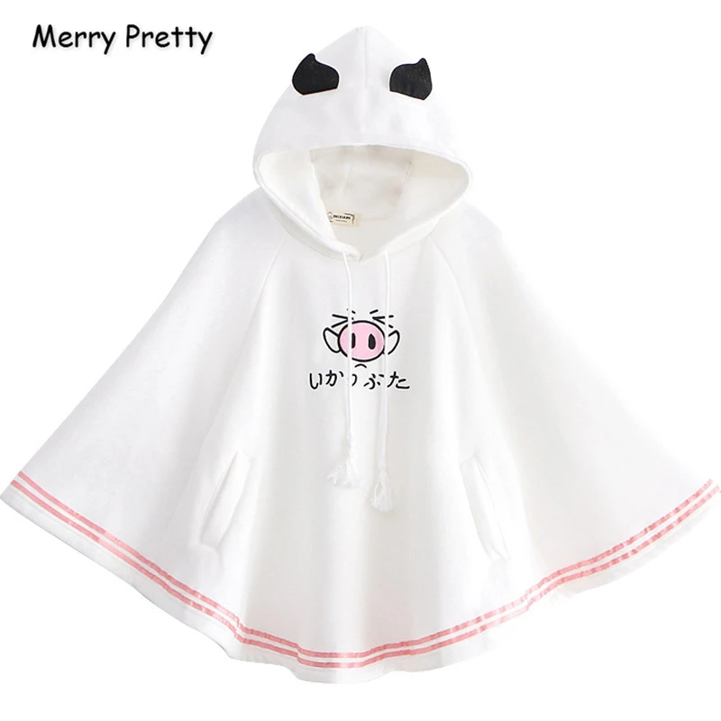 Merry Pretty, женский плащ, верхняя одежда, мультяшный принт, с ушами на капюшоне, толстовки, пальто, пуловер, пончо, куртка, плащ, пальто с капюшоном