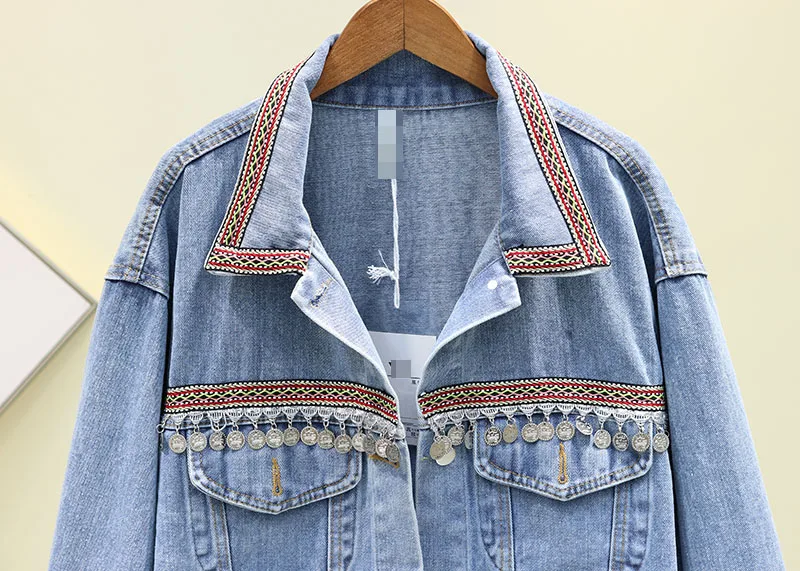 korean modish fashion jeans denim jacket women autumn casual sequined long sleeve jean womens jackets and coats new arrival