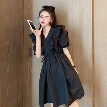 Popular Hepburn Style Little Black Dress Women's Small 2021 New Summer Ruffles V-neck Tight Waist Midi Dress