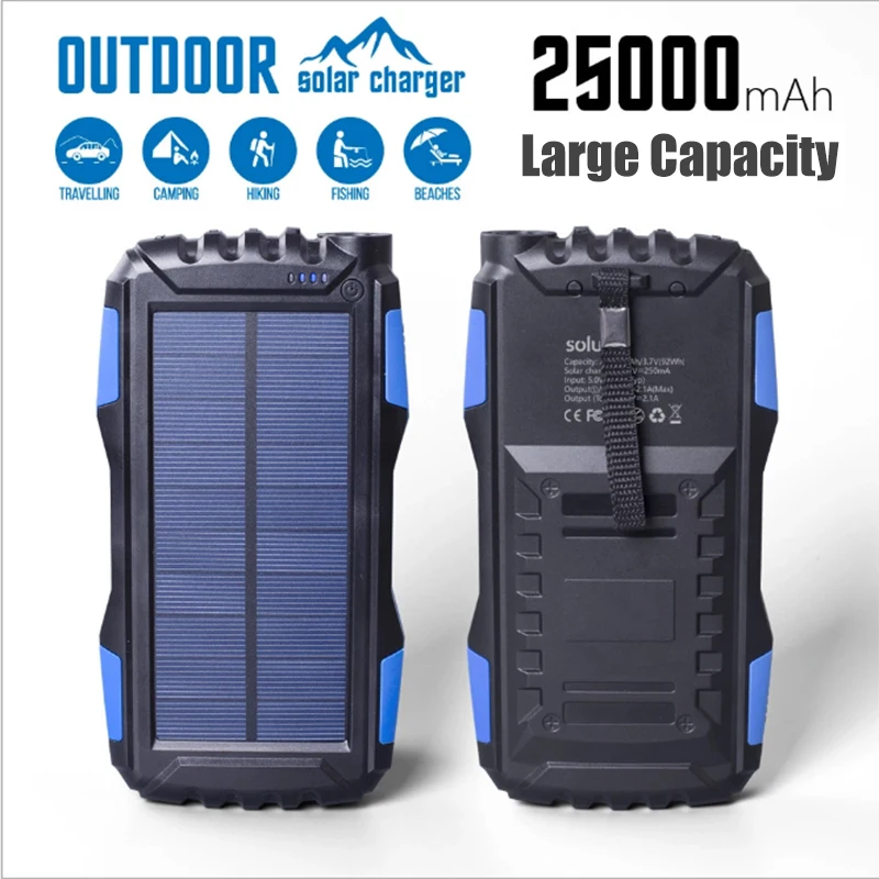 Banco de energía Solar de 25000mAh con luz LED de doble USB impermeable a prueba de polvo portátil