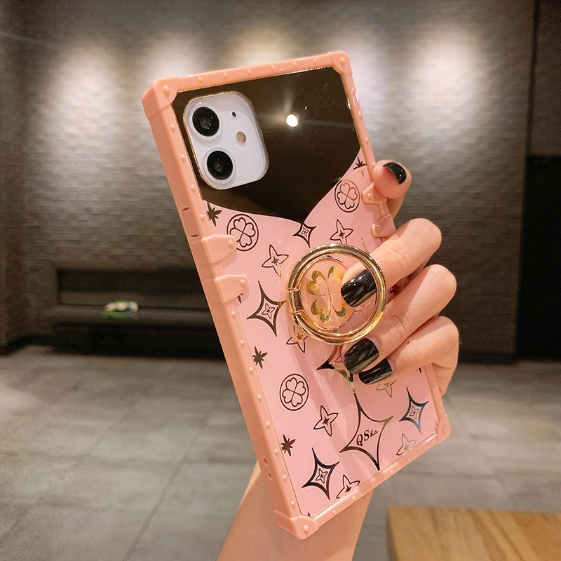 Luxury Square Cute Clover Pink Case For iPhone 12 11 Pro Max Soft Silicone Mirror Phone Cover For iPhone X XS Max XR 6S 7 8 Plus (8)