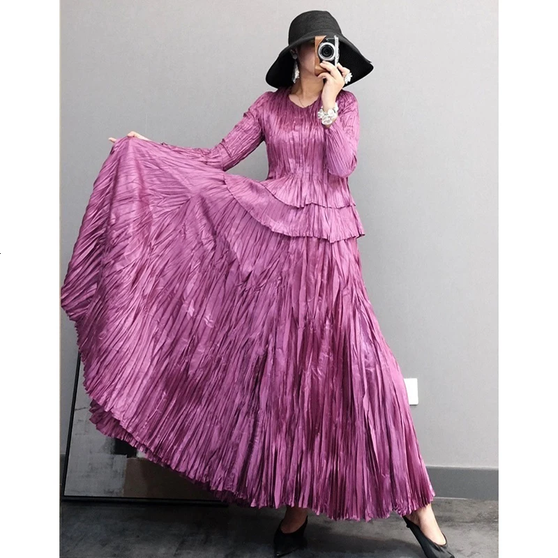 Purple Rose Fashion Tide Autumn And Winter New Products Fashion Solid Color V-neck Long Pleated Loose Elegant Dress Female PA919 - Цвет: Purple Rose