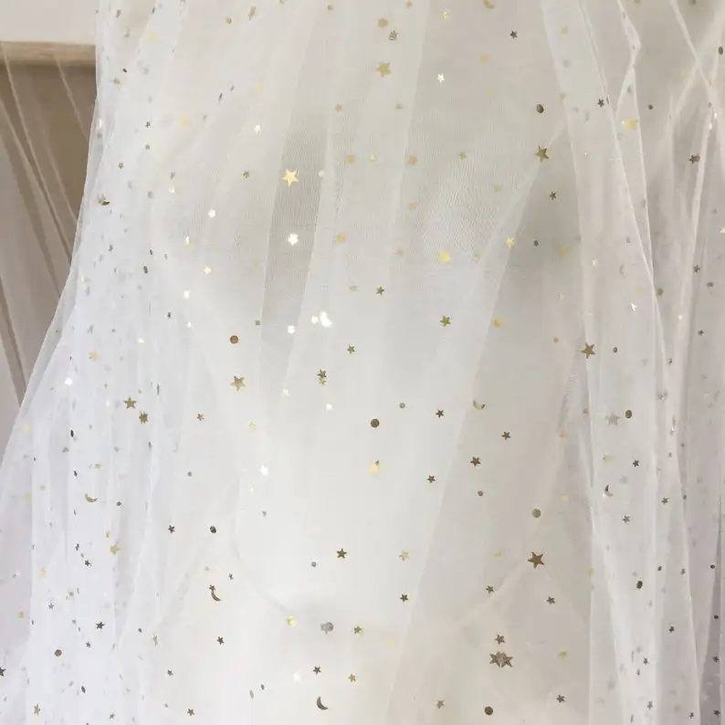 5 ярдов от белого и черного тюля кружевная ткань с золотыми серебряными звездами