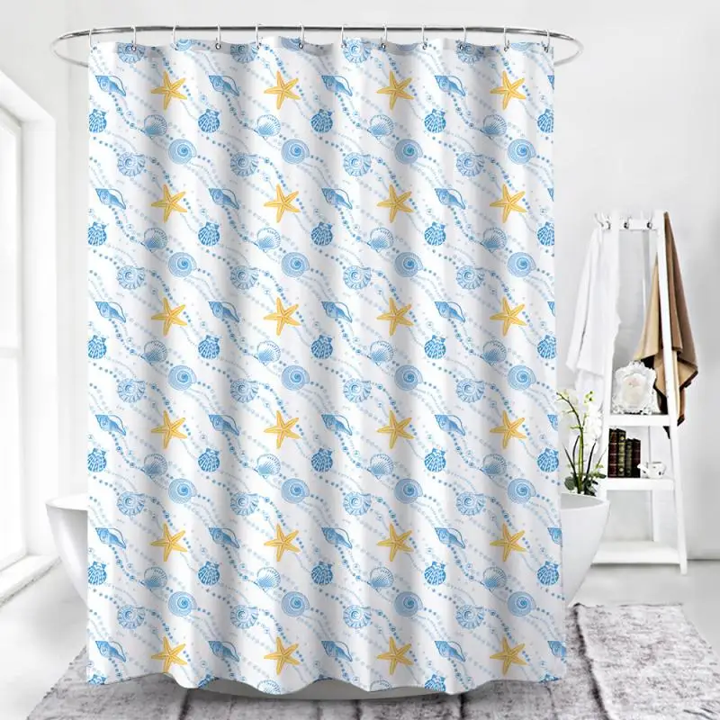Seashell Starfish Shower Curtain Waterproof Bathroom Curtain Seafood Print Bath Curtain Washable Hotel Home Bath Decor Curtains