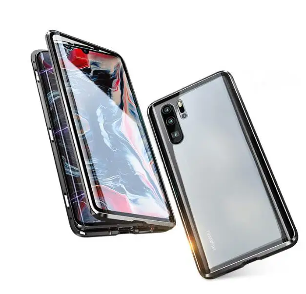 black Магнитный чехол с двойным стеклом для huawei P30 20 mate 30 mate 20 Pro Чехол для Honor 20 Psmart z закаленное стекло 360 Полное покрытие - Цвет: black