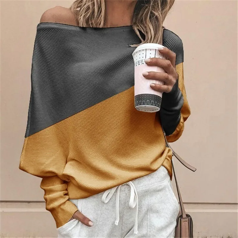 

Ladies Off Shoulder Loose Tops Long Sleeve Color Block Pullover Sports Gym Shirt