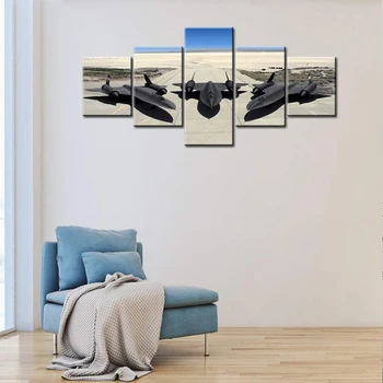 

Aircraft Large Canvas Painting Plane Pictures Framed 5 Panels Poster Three Black Fighter Wall Arts Ready To Hang Home Decoration