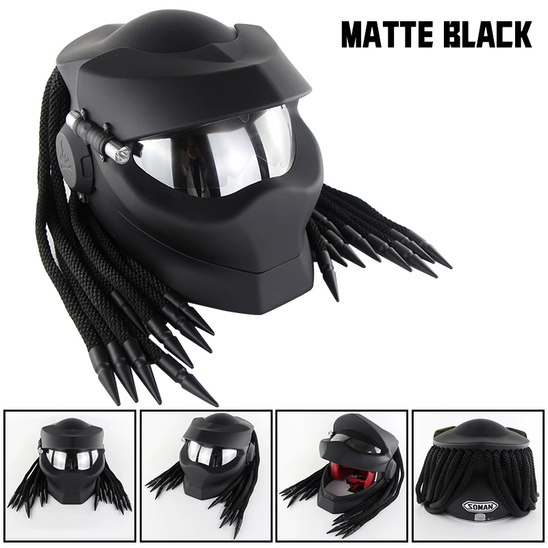 MATTE BLACK Мотоциклетные шлемы Хищник с светодиодный прожекторы коса полное лицо шлемы флип воины стильные шлемы мотоцикл SOMAN SM958 - Цвет: MATTE BLACK
