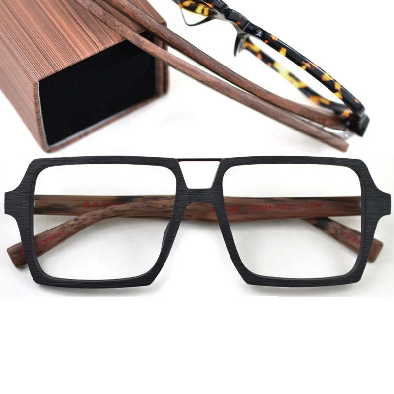 

Vintage Eyeglasses Men Women Square Acetate Glasses Frame Man Oversized Fake Wooden Grain Black Nerd Eyewear for Optic Lens