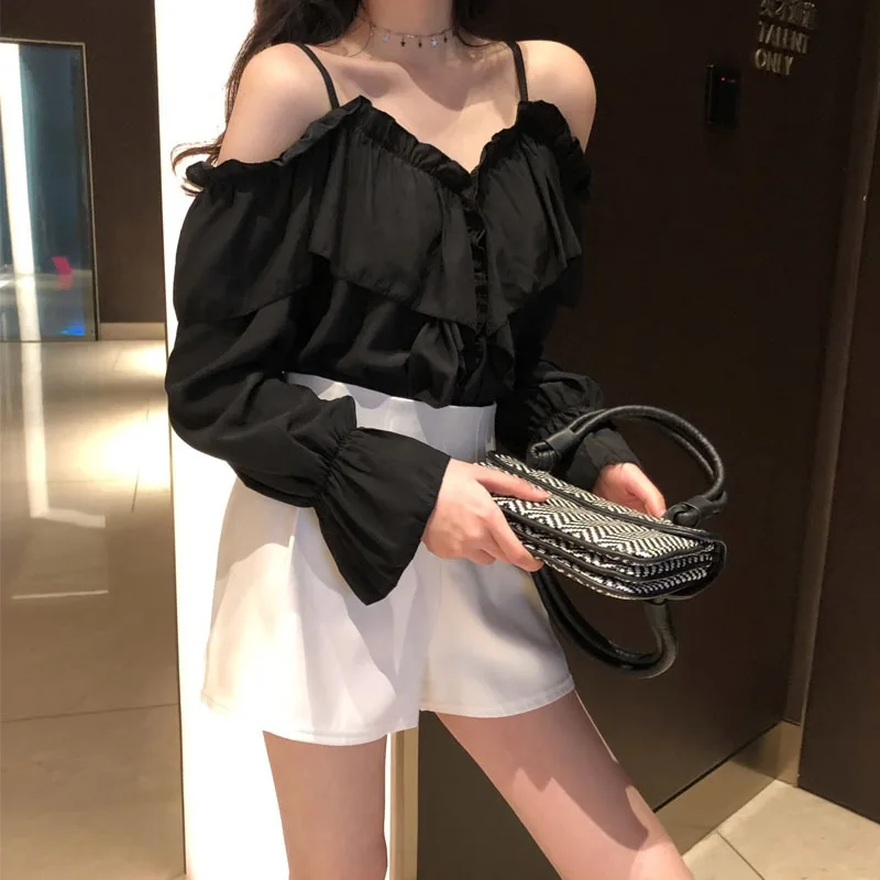 Kpop, черная розовая Женская летняя белая блузка Jisoo same, модные топы с открытыми плечами, женские корейские сексуальные яркие свободные рубашки с длинным рукавом